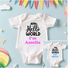 Personalised Hello World Baby Announcement Bodysuit Grow Vest Hospital Bag Gift