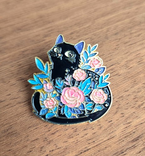 Kawaii black cat floral - floral, enamel