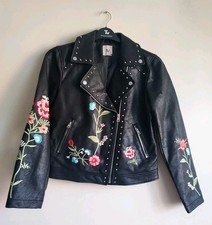 New Without Tag, Black Faux Leather Embroidered Biker Jacket, Size 10