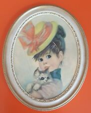 Vintage Retro 60s Madryn Miniature Chalkware Oval Picture Soulet Girl Cat Print