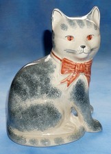 Vintage RYE Studio Pottery Blue Grey CAT with red bow - size 8"