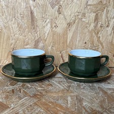 2 x Vintage Apilco Green & Gold Small Tea Coffee Cups & Saucers