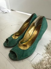 Anthropologie Luc Berjen Green Peep Toe Wedges Gold Ruffle 38