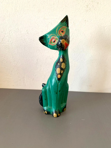 Green wooden cat - cat, ornament
