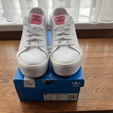 Ladies Adidas White Court Tourino Bold Trainers Pink Trim Size 5.5 with Box