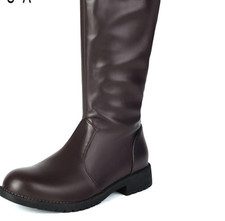 Men Black Leather Knee High Riding Boots Round Toe Side Zipper Combat Shoes