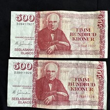 Central Bank of Iceland 2 x 500 Krónur Consecutive 2001 D39411927 D39411928