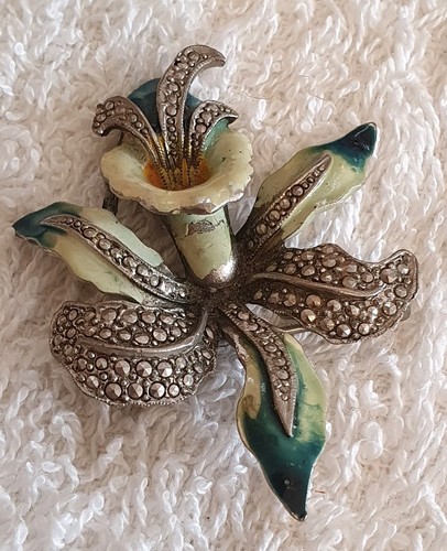 Enamel marcasite orchid - marcasite, brooch