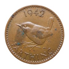 1942 Great Britain 1 Farthing George VI Bronze Wren Coin Vintage WWII-Era Z3302