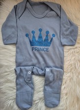 Romany Boys Blue Babygrow Glitter Crown And Prince Size Newborn