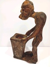 African Makonde Tribal Wooden Figure with Trinket Holder Vintage Hand-Carved Art