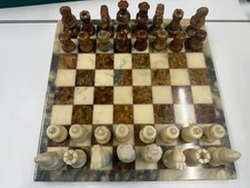 Hand Carved Marble Chess Board With Marble Pieces Set Vintage Collectible