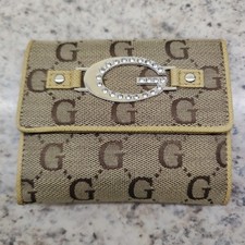 Vintage Guess TriFold Women's Ladies Purse Wallet LOGO Big G Beige Cards