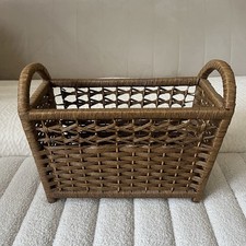 Vintage Retro Wicker Rattan Woven Magazine Rack Holder Storage Basket Handles