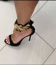 Stunning Guiseppe Zanotti Gold Leaf Black Suede Swarovski Crystal High Heels 38