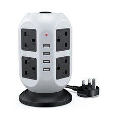 3M Extention Lead Vertical Power Strip Tower Plug 4 USB Socket Surge Protector