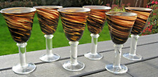 6 Murano Brown & Amber Swirl Large Heavy Goblets Handmade Wine Glasses-Excellent
