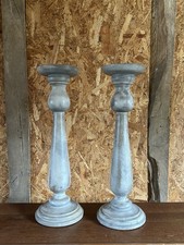 Pair of Grey Washed Wooden Candle Holders / Stands Antique Effect Country style