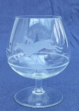 Five Antique c. 1900 Etched HORSE RACING Themed Crystal Glass Brandy Balloons