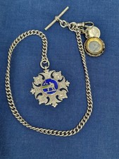 Antique 48.6g Solid Silver Pocket Watch Albert Chain Silver & Enamel Fob Medal