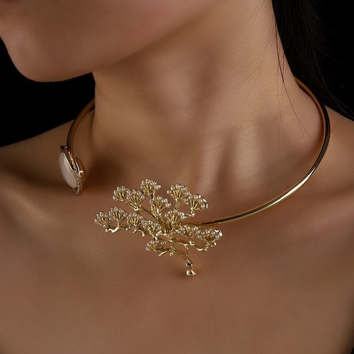 Gold choker necklace bib pearl - bib,