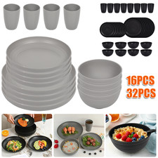 Black/Grey Dinnerware Bowl Plates PP Round Dinner Set Tableware 16-32PCS/SET UK