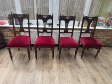 Set Of 4 Antique Carved Dining Chairs In Red Velvet Upholstery
