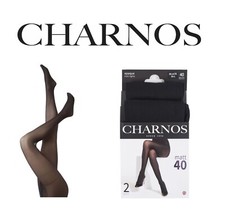 Charnos 40 Denier Tights with Comfort Top Womens S/M M/L Black/Navy- 2 Pair Pack