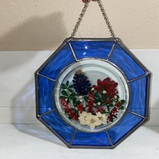 Vintage Leaded Stain Glass Window Suncatcher/Wall Hanger W/Pressed Flowers, 9” L