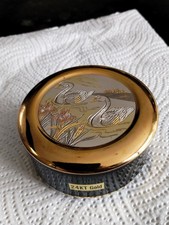 Art of Chokin Trinket Box Japan 24KT Gold Edged Round Black & Gold Lid Boxed 