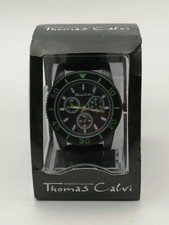 New Boxed Mens Thomas Calvi chronograph sport watch, black with green accent