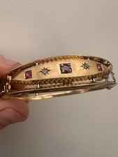 Antique 9ct Gold Diamond & Ruby Decorative Bangle, 1910, 8.8g 