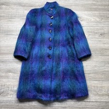 Vintage 1970/80s Blue Purple Mohair Button Up Trench Coat Long Alorna Petite