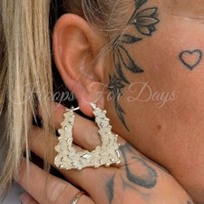 9ct GF Gypsy Style Handbag Hoops, Large 50mm Chunky Creole Patterned Gold Hoops