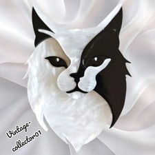 Modern Arcrylic Handmade BROOCH 3D Stunning Black & White Long Haired Cat Face 