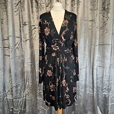 Fat Face Dress Black Floral UK 16 Long Sleeve Knee Length Jersey Tie Waist