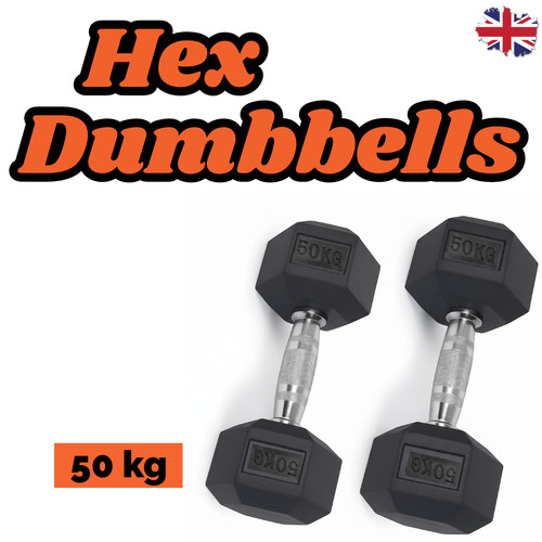 Rubber hex dumbbells 50kg pair - hex,
