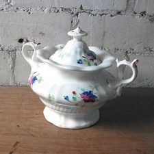 Hand Painted Sugar Bowl, Antique Sucrier: 1840s White Glaze Floral Pottery