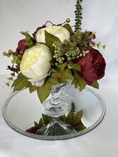Artificial Silk Flower Arrangement Red  cream  Peony Flowers In low Glass Vase