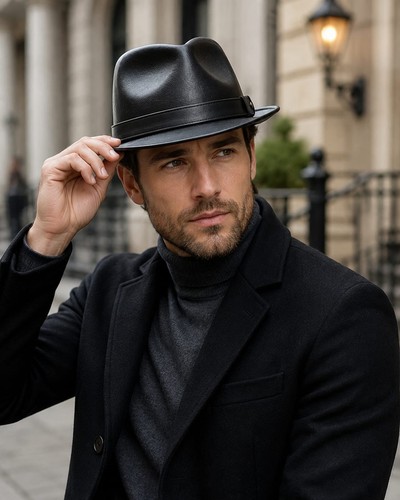 Men black leather fedora - men's,