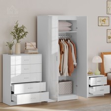 High Gloss Home Furniture Set Wardrobe Chest Bedside Table 7 Drawer White