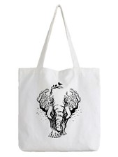 Elephant Art White Tote Bag Optical Illusion Tree Illustration Animal Shopping