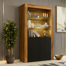 Display Cabinet Oak Matt & Black Matt Doors | LED Glass Shelves | Modern Storage