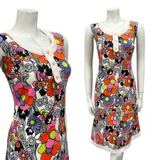 VTG 60S WHITE BLACK RED PINK PURPLE FLORAL MOD GOGO MIDI DRESS 12