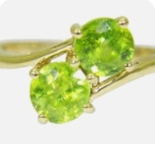 Rare vivid Lime Green Sphene Duo Toi et Moi 10ct Gold Ring