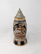 Vintage Reuge German Musical Beer Stein with Pewter Lid, Hand Painted Ceramic