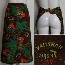 Retro Bark Cloth Fabric 1970s Hawaiian Tropical Bar Apron Handmade Orange Brown 