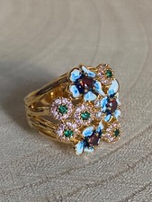 Flower Bouquet Ring Size N P R Blue Enamel Zircon Retro 18k Gold Plated Vintage
