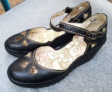 Fly London YUNA Womens Leather Cut Out Wedge Heel Sandals Black Size 6 