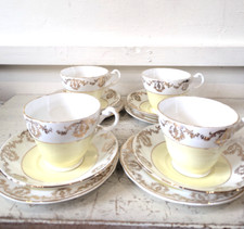 Vintage Royal Sutherland Gold/Yellow Fine Bone China 4x CUPS/SAUCERS/SIDE PLATES